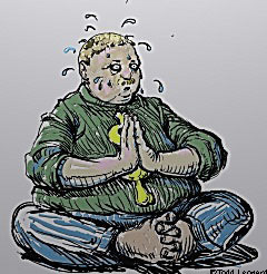 drawing of man meditating with dollar sign on t-shirt