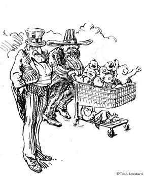 drawing of uncle Sam and Mexican with babies in shopping cart