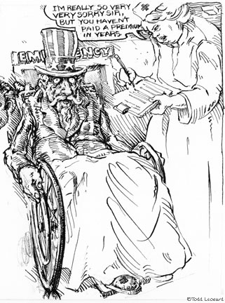 drawing of Uncle Sam in wheelchair No insurance